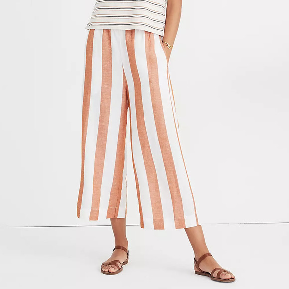 Madewell Pants XXS White Orange Evelyn Striped Huston Cropped Button Linen Blend - Picture 1 of 13